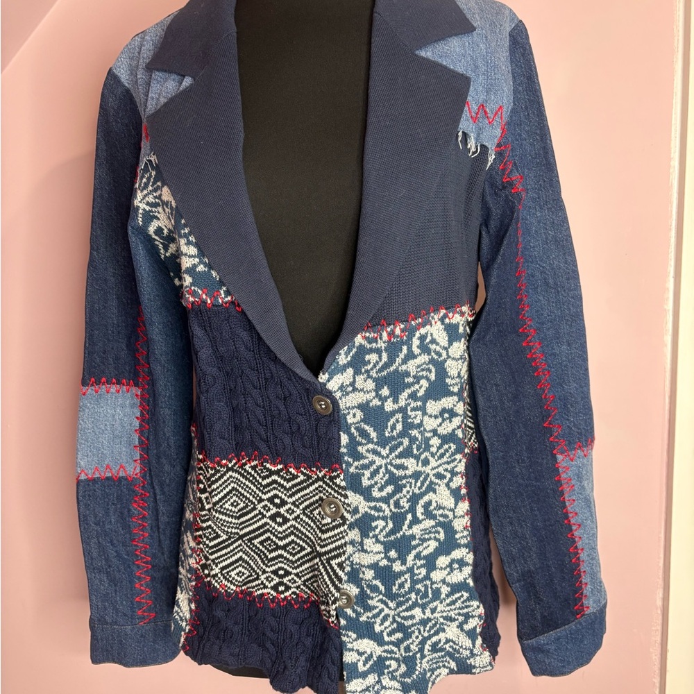 Desigual Blue and Red Blazer Artistic Patchwork Design